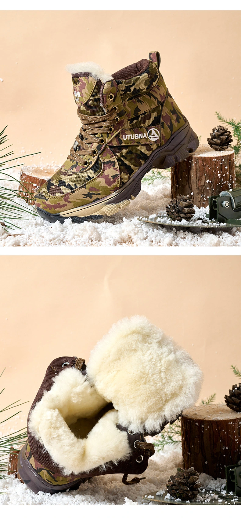 Bn037 Winter Men′s Shoes Plus Velvet Warm Cotton Shoes Men′s Non-Slip Camouflage Wool Snow Boots Warm Shoe