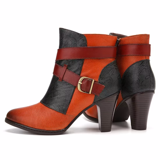 보헤미안 시크 스타일, 가죽 스플라이싱, 여성용 숏하이힐 부츠